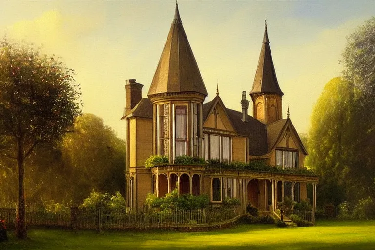 Prompt: a beautiful painting of a victorian house with bay windows, a tower and a greenhouse in the morning, very detailed by samuel and joseph newsom, harry potter