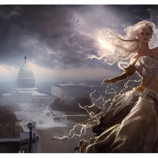 Image similar to uhd photorealistic studio portrait of a tornado of cash ripping through washington d. c., extremely detailed, 8 k, cinematic lighting, in the style of amano and ayami kojima and karol bak, art by mark brooks with vivid colors and crisp details