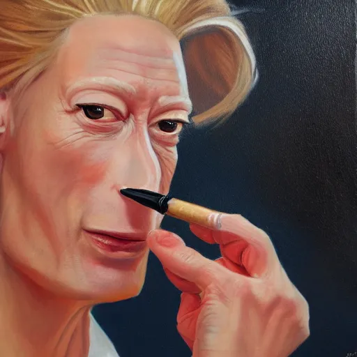 Image similar to caricature of tilda swinton smoking a cigar, realistic oil painting by david levine, trending on art station, 4K