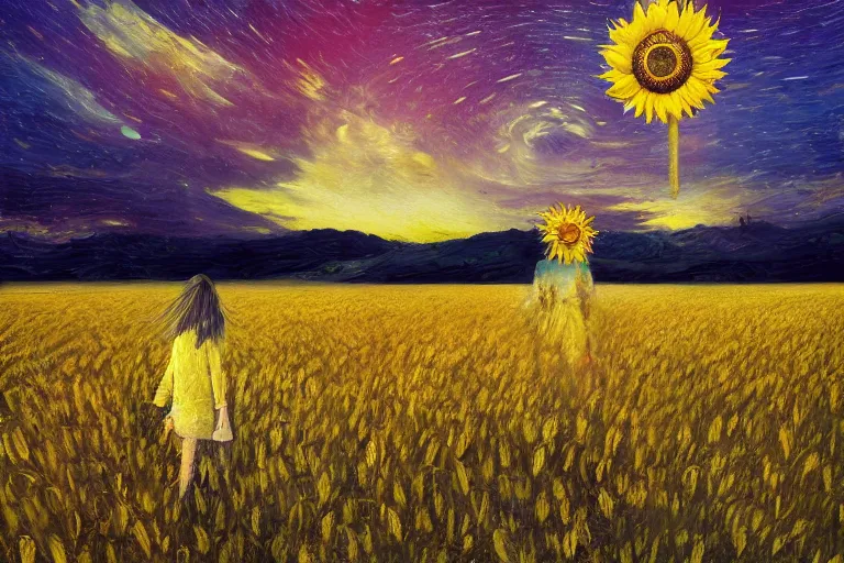 Prompt: giant sunflower as a head, girl walking in wheat field, hills, surreal photography, dark night, star trails, dramatic light, impressionist painting, clouds, digital painting, artstation, simon stalenhag