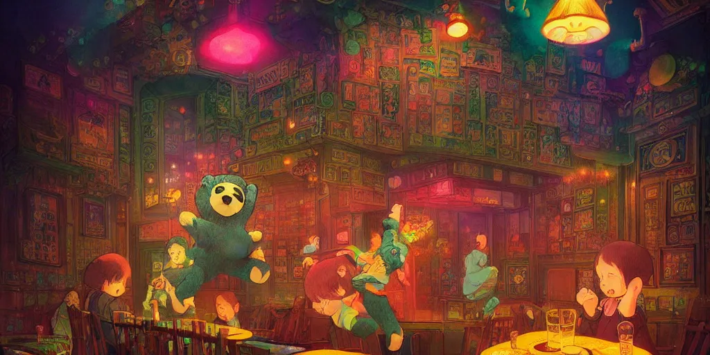 Prompt: in a dark adult night pub, many teddy bear wildly crazily dancing hyper, disco lighting, darkly playful color scheme, intricate details, matte painting, illustration, by hayao miyazaki