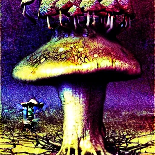 Image similar to strange mushroom by beksinski, luis royo and arthur rackham