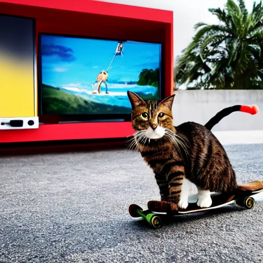 Image similar to salem the cat riding a skateboard looking extremely cool, 8 k, tv still