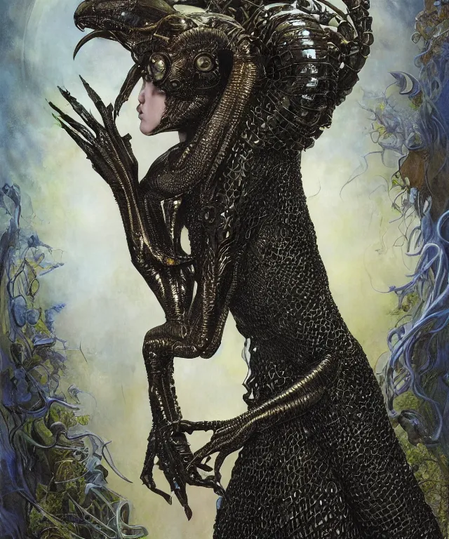 Prompt: a portrait photograph of a fierce sadie sink as a strong alien harpy queen with amphibian skin. she is dressed in a black lace shiny metal slimy organic membrane armor and transforming into an evil insectoid snake bird. by donato giancola, walton ford, ernst haeckel, peter mohrbacher, hr giger. 8 k, cgsociety