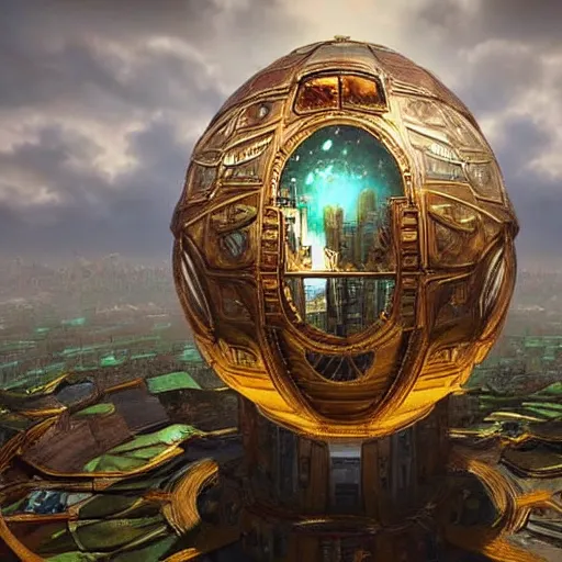 Prompt: enormous flying city!!! in a gigantic faberge egg, sky!!, steampunk, floating islands, fantasy art, unreal engine,