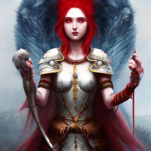 Image similar to a beautiful hyper realistic detailed epic concept art showing ( a noble knight women with red hair accompanied by ) the sacred spirit raccoon, by tom bagshaw, ross tran and bayard wu, in the style of dragon age, featured on artstation