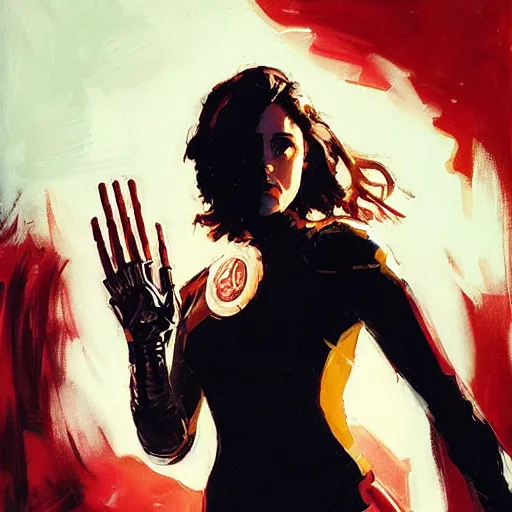 Image similar to alison brie as kristen stewart as iron man, intricate, elegant, highly detailed, greg manchess, mucha, liepke, ruan jia, jeffrey catherine jones, ridley scott