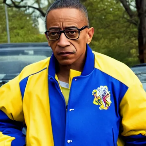 Prompt: gus fring in a royal blue riverdale varsity jacket with yellow sleeves, still from breaking bad