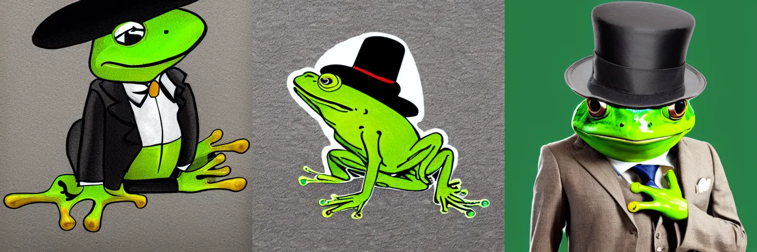 Prompt: a frog wearing a suit and a bowler hat