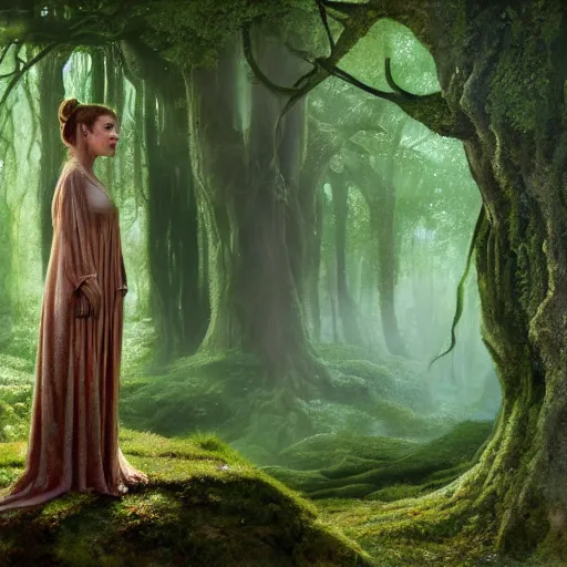 Prompt: Portrait of Carrie Fisher as a dryad, characteristic sparkling green eyes, looking straight to the camera, illuminated for rays of light, behind her is an ancient forest full of life, by Annie Leibovitz, Ellie Victoria Gale and Steve McCurry, matte painting, oil painting, naturalism, 4k, 8k