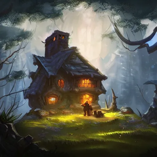 Image similar to a house, a man sitting before the house in the forest, night lighting, in hearthstone art style, epic fantasy style art, fantasy epic digital art, epic fantasy card game art