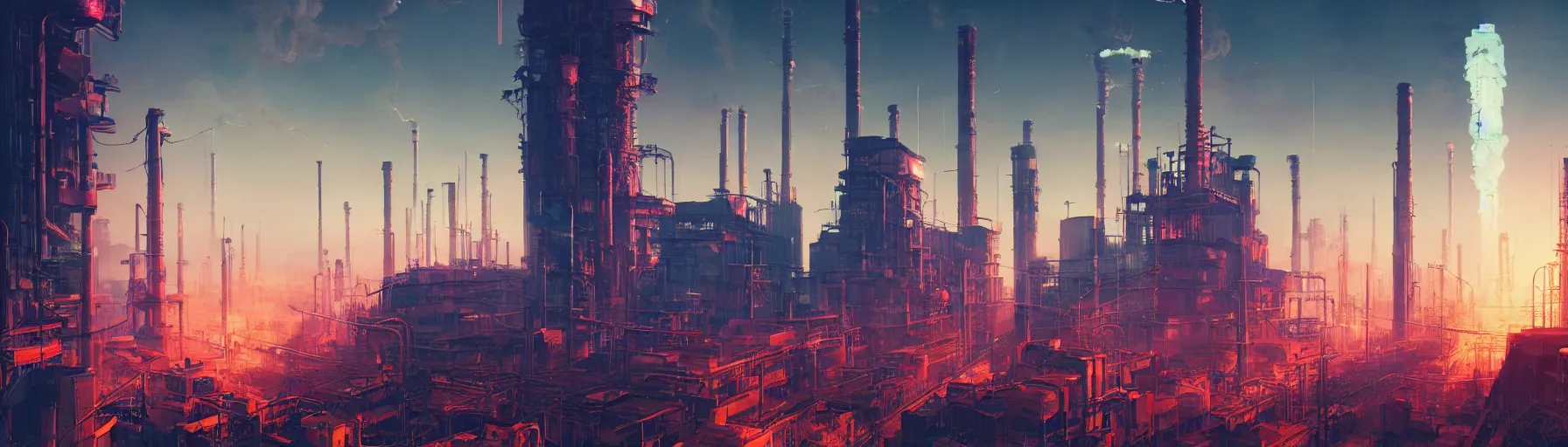 Prompt: a digital cyberpunk mural of a massive factory pumping out billowing clouds of creative images and carbon emissions from a tall smokestack, by greg rutkowski, vibrant, colourful, 4k, lens flare, panoramic, cyberpunk
