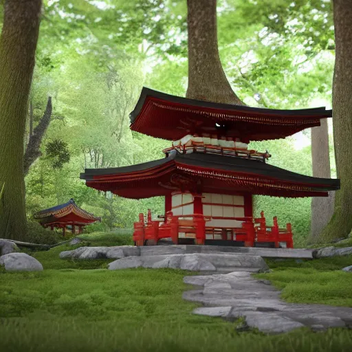 Image similar to an isometric 3 d render of a shinto shrine in the forest, isometric, octane render, unreal engine