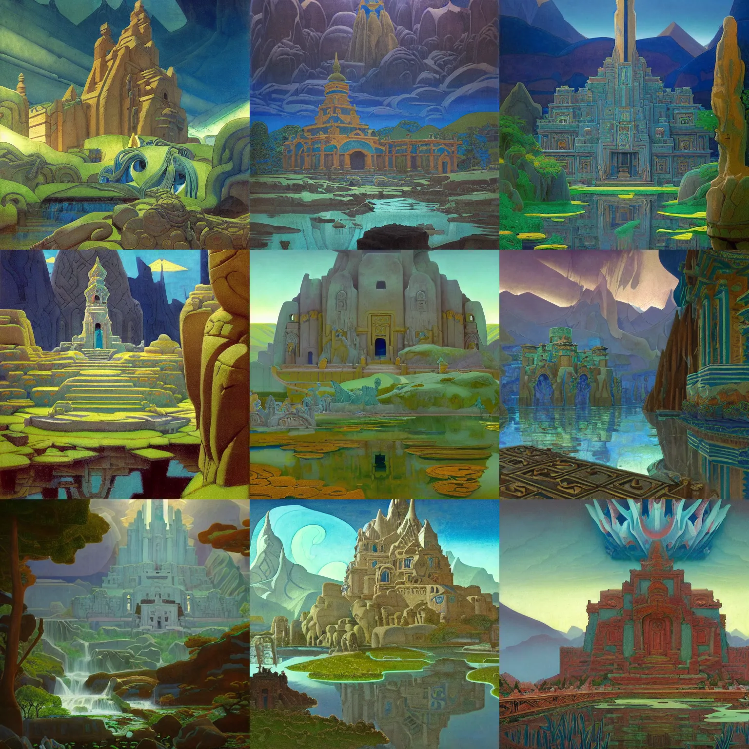 Prompt: lost temple with a river running through it, dramatic cinematic lighting, ornate carved architecture, cool blue and green color palette, by Nicholas Roerich and William Dyce and ford madox brown and April Gornik and Caspar David Friedrich and Diego Rivera and Tyler Edlin and Ivan Bilibin, featured on artstation