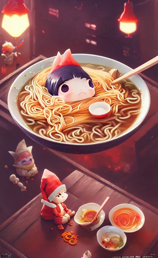 Prompt: kawaii anime gnomes asian noodles japanese ramen, wide angle shot by greg rutkowski