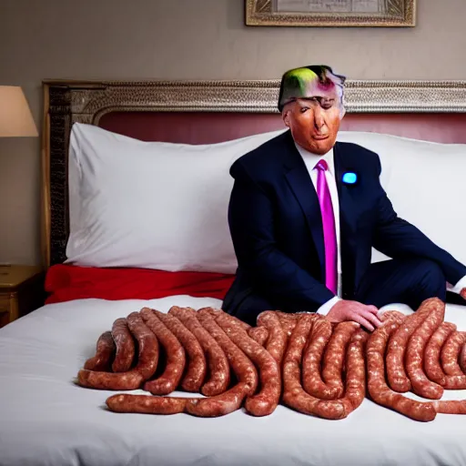 Image similar to Donald Trump in a bed covered in sausages, Canon EOS R3, f/1.4, ISO 200, 1/160s, 8K, RAW, unedited, symmetrical balance, in-frame