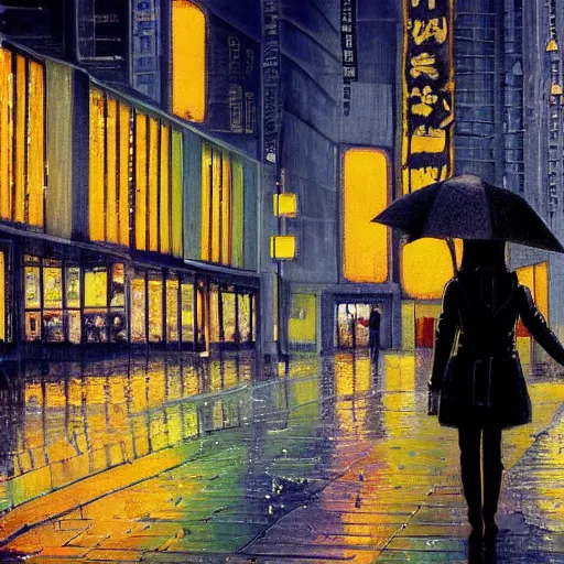 Image similar to girl in leather jacket walking down rainy city street at night, Kiyohiko Azuma