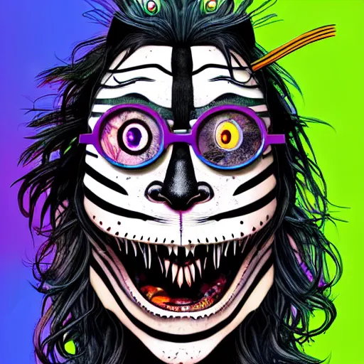 Image similar to graphic illustration, creative design, cheshire cat as alice cooper, biopunk, francis bacon, highly detailed, hunter s thompson, concept art