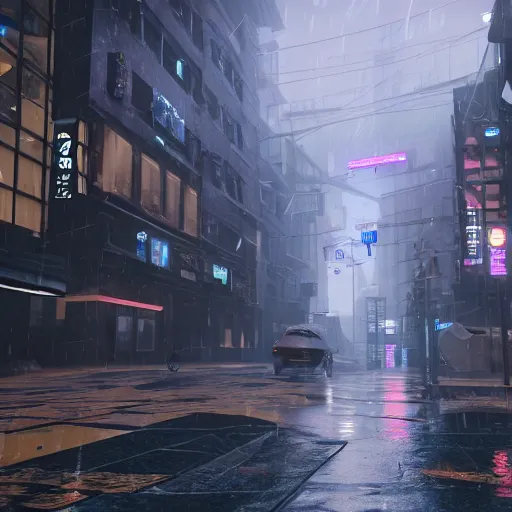 Image similar to A street level view of a raining cyberpunk city, unreal engine, volumetric lighting, 4k