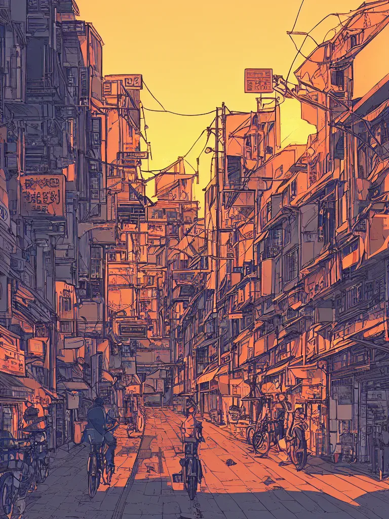 Image similar to a digital art of a close up view of a japanese street, sunset, bikes and pedestrians, by laurie greasley, artstation, studio ghibli color scheme