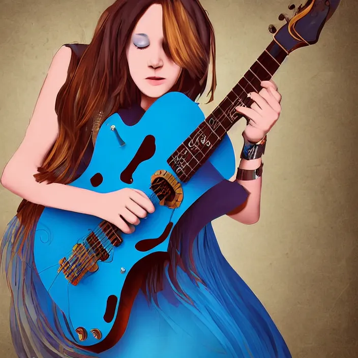Image similar to a girl with brown and blue hair with a guitar, beautiful digital art