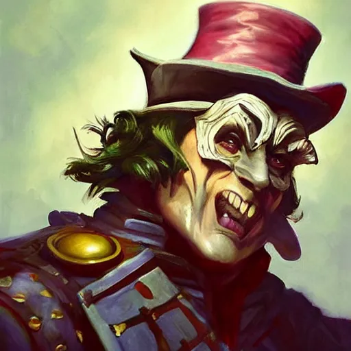 Image similar to greg manchess portrait painting of partially armored mad hatter from alice in wonderland as overwatch character, wacky, medium shot, asymmetrical, profile picture, organic painting, sunny day, matte painting, bold shapes, hard edges, street art, trending on artstation, by huang guangjian and gil elvgren and jesper ejsing