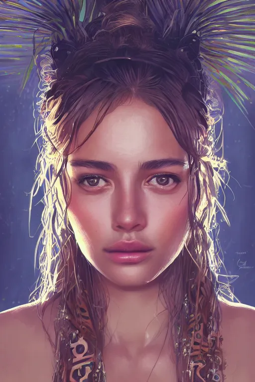 Prompt: portrait bohemian girl in tulum mexico jungle, staring directly into camera, intricate, elegant, glowing lights, highly detailed, digital painting, artstation, sharp focus, illustration, art by wlop, mars ravelo and greg rutkowski