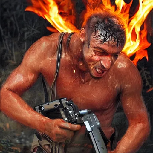 Prompt: (((rambo))) burning a pile of computers using a flamethrower, crazy expression, ultra detailed, middle of the jungle, sweaty body, highly detailed face, highly detailed body, highly detailed flamethrower, flowers, plants - n 9 - s 150 - i