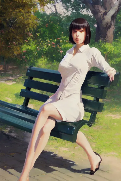 Image similar to A ultradetailed beautiful panting of a stylish woman siting on a park bench, Oil painting, by Ilya Kuvshinov, Greg Rutkowski and Makoto Shinkai