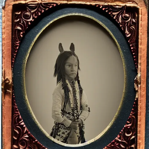 Prompt: tintype photo, native american riding unicorn