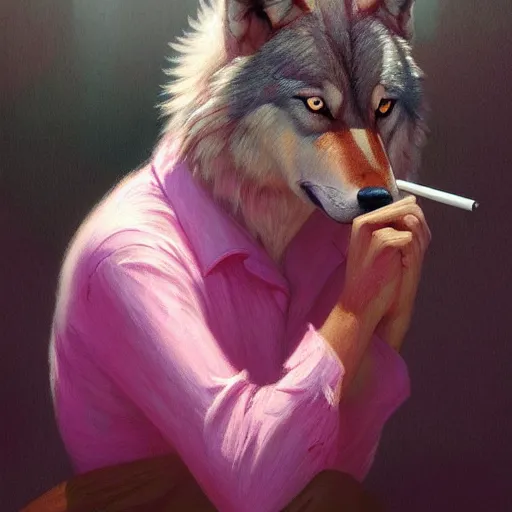 Image similar to painted portrait of realistic wolf wearing pink shirt ans smoking, intricate, digital painting, artstation, concept art, smooth, sharp focus, illustration, art by jean giraud, edward hopper, gaston bussiere and greg rutkowski