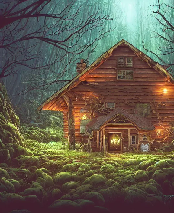 Prompt: a whimsical cabin made from isopods, overgrown with huge rare fungus, deep in the woods, by dan mumford, yusuke murata, makoto shinkai, ross tran, underwater, hellish, cinematic, unreal engine, cel shaded, featured on artstation, pixiv