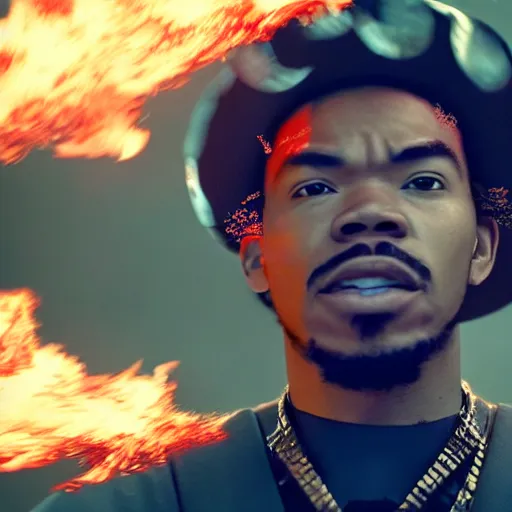 Image similar to cinematic film still of Chance The Rapper starring as a Samurai holding fire, Japanese CGI, VFX, 2022, 40mm lens, shallow depth of field, film photography