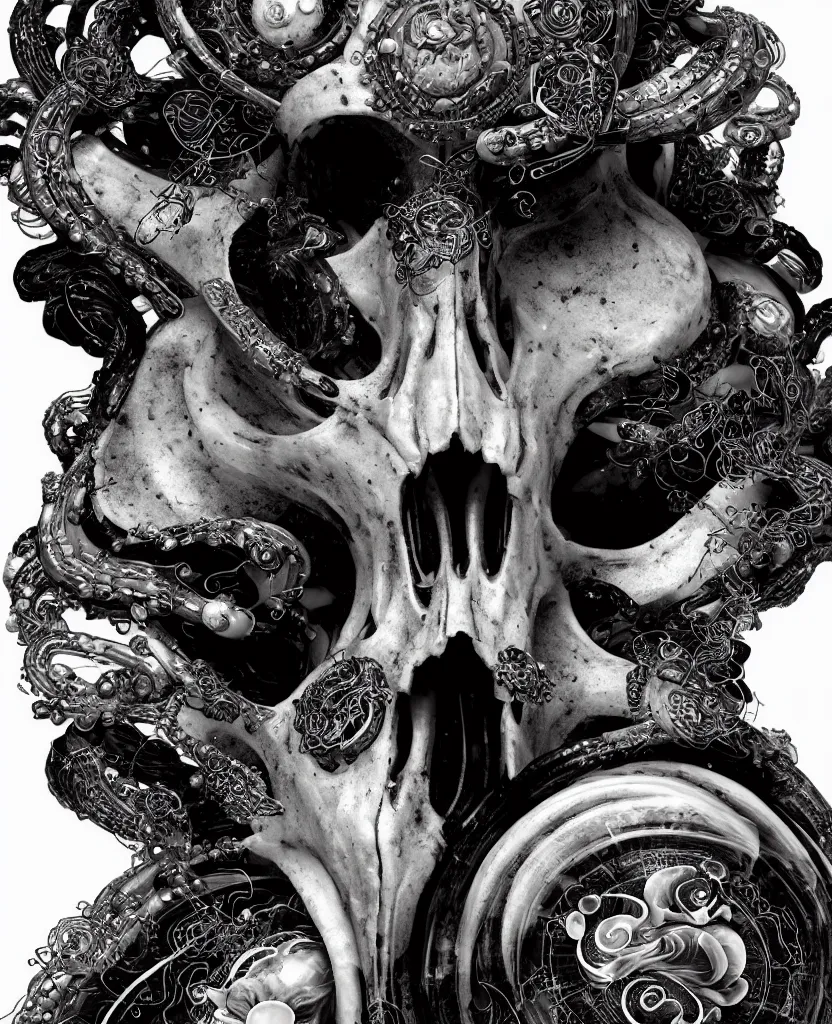 Image similar to goddess princess face close-up portrait ram skull. sculpture made of black stone. jellyfish phoenix head, nautilus, orchid, skull, betta fish, bioluminiscent creatures, intricate artwork by Tooth Wu and wlop and beeple. octane render, trending on artstation, greg rutkowski very coherent symmetrical artwork. cinematic, hyper realism, high detail, octane render, 8k