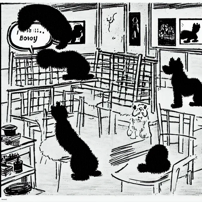 Image similar to a still frame from comic strip, black fluffy dog 1 9 5 0, herluf bidstrup, new yorker illustration, monochrome contrast bw, lineart, manga, tadanori yokoo, simplified,