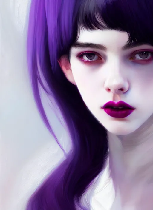 Image similar to portrait of pale teenage girl, red irises, black hair, white bangs, purple lipstick, white bangs, bangs, black hair and white bangs, intricate, elegant, glowing lights, highly detailed, digital painting, artstation, concept art, smooth, sharp focus, illustration, art by wlop, mars ravelo and greg rutkowski