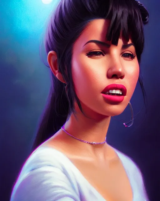 Image similar to highly detailed vfx portrait of selena quintanilla perez by stephen bliss, chalk, unrealengine, greg rutkowski, loish, rhads, beeple, chalk, makoto shinkai and lois van baarle, ilya kuvshinov, rossdraws, tom bagshaw, basil gogos