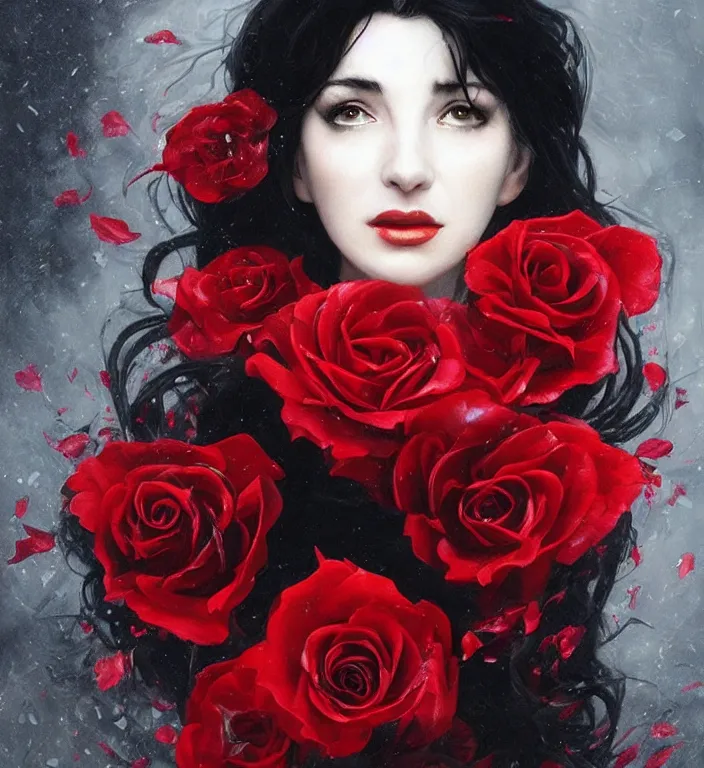 Image similar to portrait of kate bush, lush black hair, pale skin, red rose petals, flowing material, intricate, beautiful cinematic lighting, stuning painting by artgerm and ruan jia