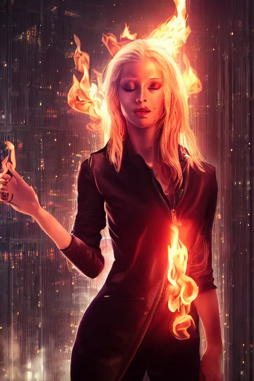 Image similar to wonderful young blonde woman with flames dancing on her hands with a long jacket in a cyberpunk city, realistic mouth, realistic, high definition, detailed and symetric face, detailed and realistic hands, expressive eyes, 4 k, shimmering color, epic digital art