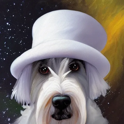 Prompt: “an oil painting portrait of a White Schnauzer dog wearing Artist robe and a Beret cap on a dark nebula background” digital Art, concept Art, highly detailed, 3-D 4K, trending on art station, Award winning, Mark Brooks,