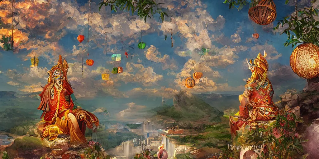 Image similar to painting of wind god enjoying the view from his stone heavenly palace, decorated with windchimes and paper lanterns, nature and clouds in background, digital art