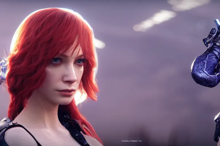 Prompt: a gaming screenshot portrait still of christina hendricks as scarlet in final fantasy, moebius, greg rutkowski, jayison devadas, phuoc quan, trending on artstation, 8 k, ultra wide angle, video game graphics, blue technology sci - fi atmosphere realistic, 3 d game, zenith view, cyberpunk pincushion lens effect