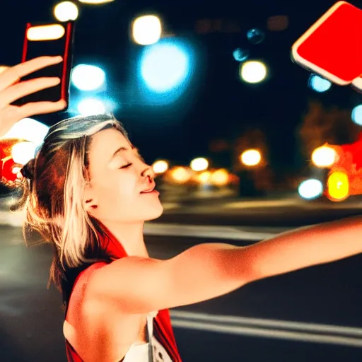 Prompt: a girl taking a selfie while getting hit by a car