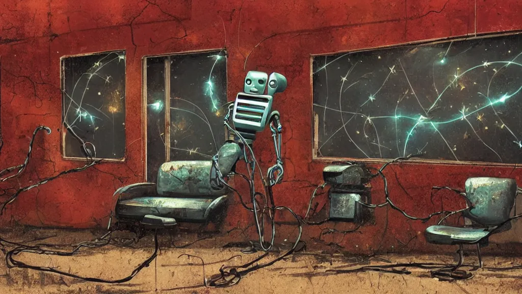 Image similar to A 1960s robot! on couch in front of a rusted! gas station. The stars! of the Milky Way shine above a broken neon sign, ground is cracked with vines fantasy concept art by Greg Rutkowski