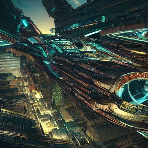 Image similar to an aerial scene of the beautiful intricate epic futuristic cybernetic sphinx in a cyberpunk pharaoh city, hyper detailed, cinematic lighting