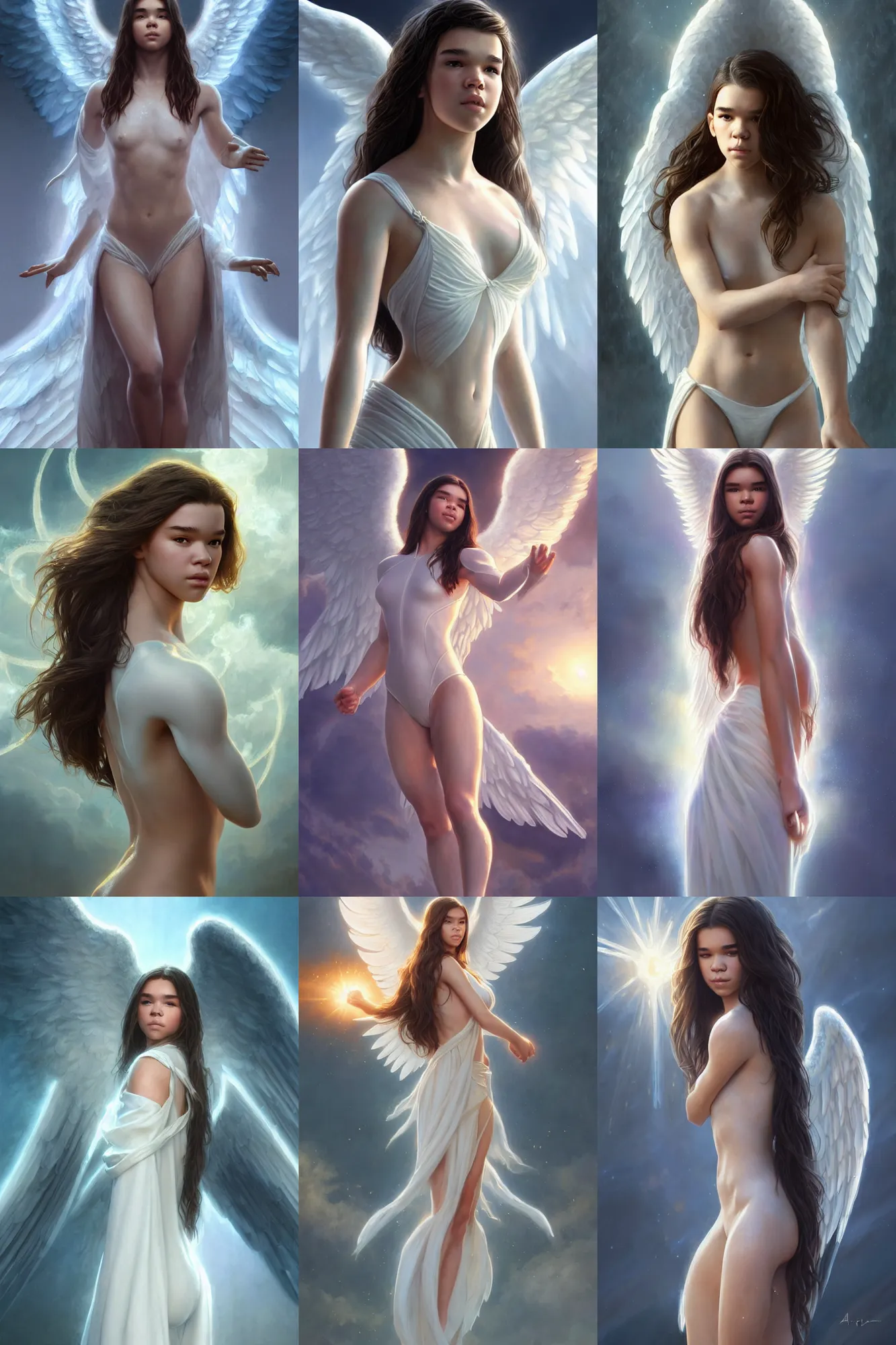 Prompt: hailee steinfeld as a heavenly angel, anatomy, bathing in light, highly detailed, photorealistic, artstation, smooth, sharp focus, illustration, unreal engine 5, 8 k, art by artgerm and greg rutkowski and edgar maxence