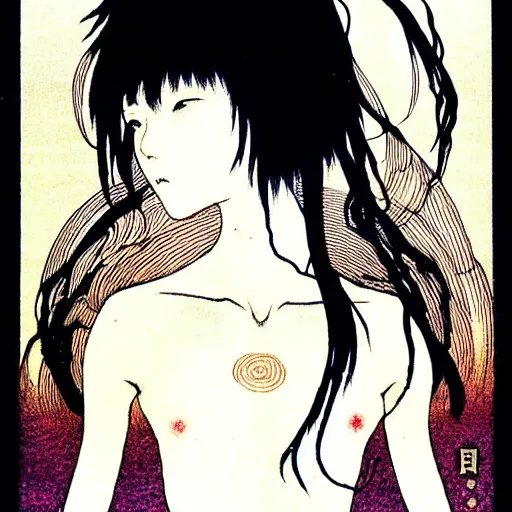 Image similar to prompt: Fragile looking soft light portrait face drawn by Takato Yamamoto and Katsuhiro Otomo, inspired by Ghost in Shell anime, magical and alchemical objects on the side, soft light, intricate detail, intricate ink painting detail, sharp high detail, manga and anime 2000