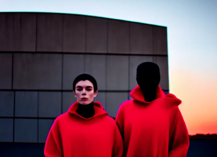 Image similar to cinestill 5 0 d closeup photographic portrait of two clones in front of a brutalist metal building, techwear women, on a desolate plain, red sky, black oversized clothes, depth of field, 4 k, 8 k, hd, full color