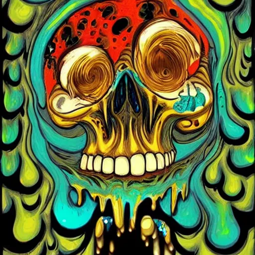 Image similar to drippy, dripping paint, skull, trippy, Miyazaki style, studio ghibli, exaggerated accents