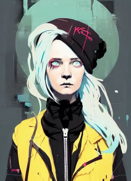 Image similar to highly detailed portrait of a sewer punk lady student, blue eyes, tartan hoodie, white hair by atey ghailan, by greg rutkowski, by greg tocchini, by james gilleard, by joe fenton, by kaethe butcher, gradient yellow, black, brown and pink color scheme, grunge aesthetic!!! ( ( graffiti tag wall background ) )